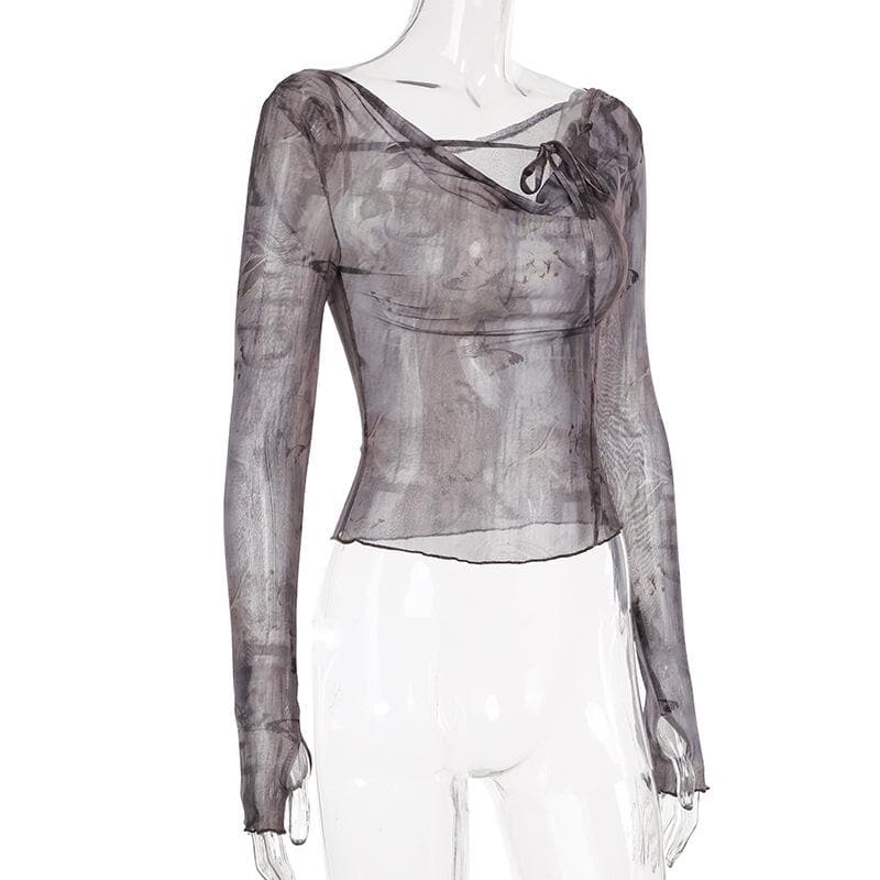 Long sleeve butterfly print mesh self tie top