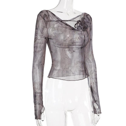 Long sleeve butterfly print mesh self tie top
