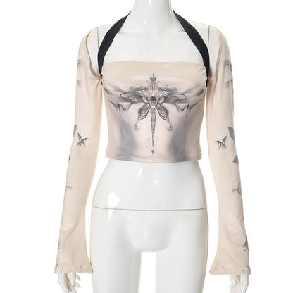 Halter long flared sleeve print hollow out crop cut out top