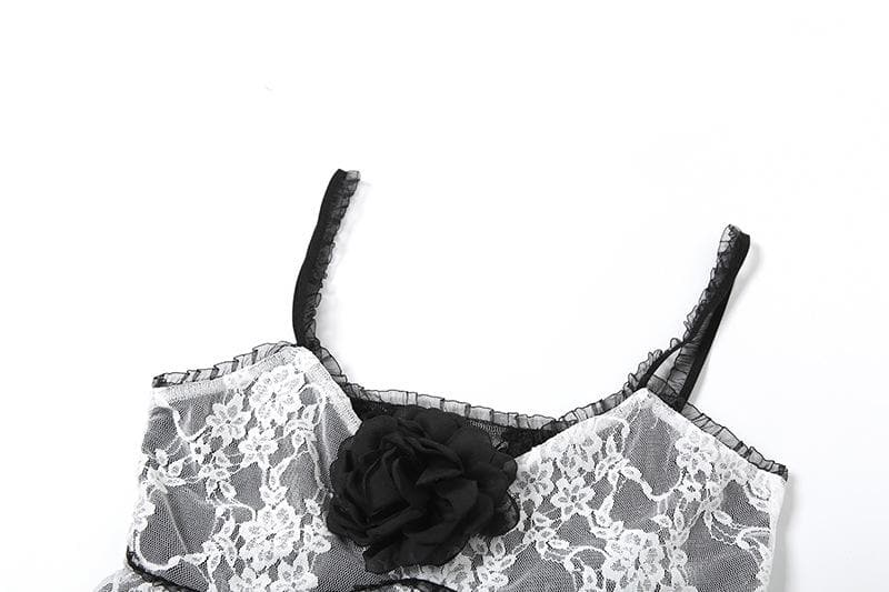 Lace patchwork flower applique ruffle cami top