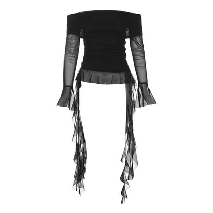 Long flared sleeve off shoulder mesh ruffle solid top