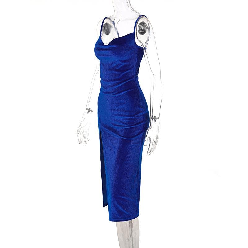 Spaghetti Strap Ruched Side Slit Velvet Bodycon Midi Dress