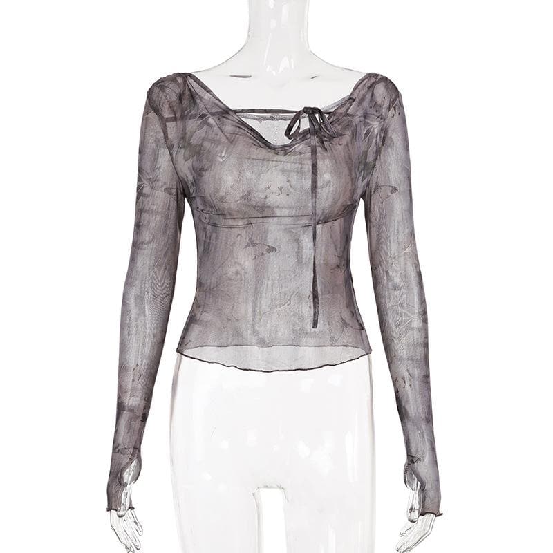 Long sleeve butterfly print mesh self tie top