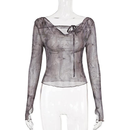 Long sleeve butterfly print mesh self tie top
