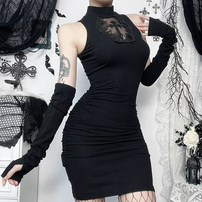 High neck ruched gloves cross pattern mini dress