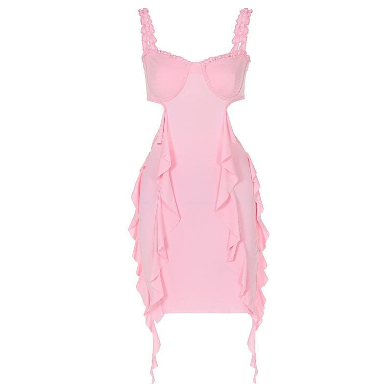 Sweetheart neck ruffle hollow out cami cut out mini dress