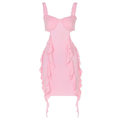 Sweetheart neck ruffle hollow out cami cut out mini dress