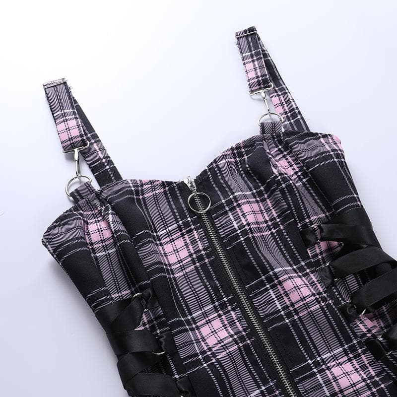 Plaid Print Lace Up Side Tie Spaghetti Strap Mini Dress