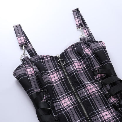 Plaid Print Lace Up Side Tie Spaghetti Strap Mini Dress