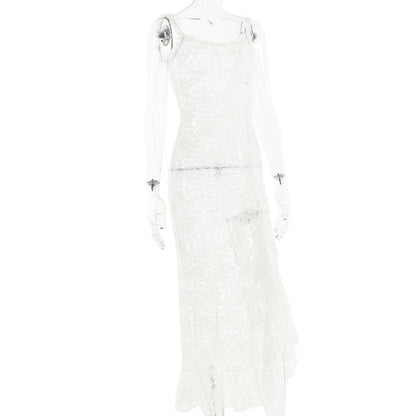 Lace see through self tie solid backless slit maxi dress