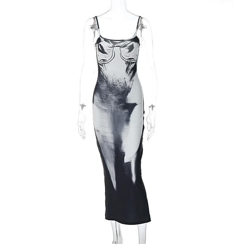 Square neck contrast print backless slit cami maxi dress-final-sale