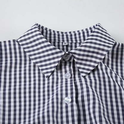 Turnover collar short sleeve plaid print button top