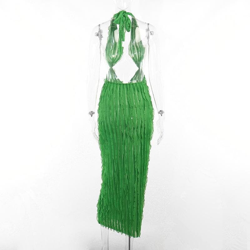 Halter Plunging V Neck Cutout Ruffle Tier Bodycon Maxi Dress