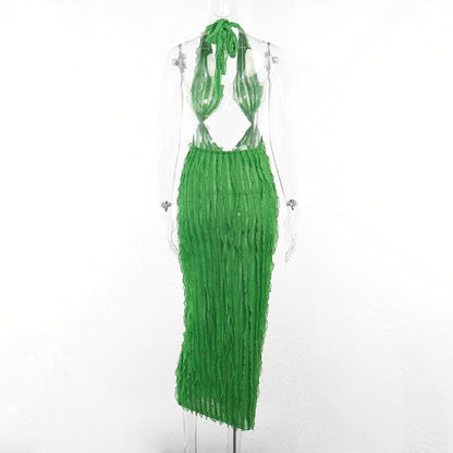 Halter Plunging V Neck Cutout Ruffle Tier Bodycon Maxi Dress