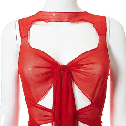 Sheer mesh see through knotted hollow out slit cut out maxi dress-final-sale