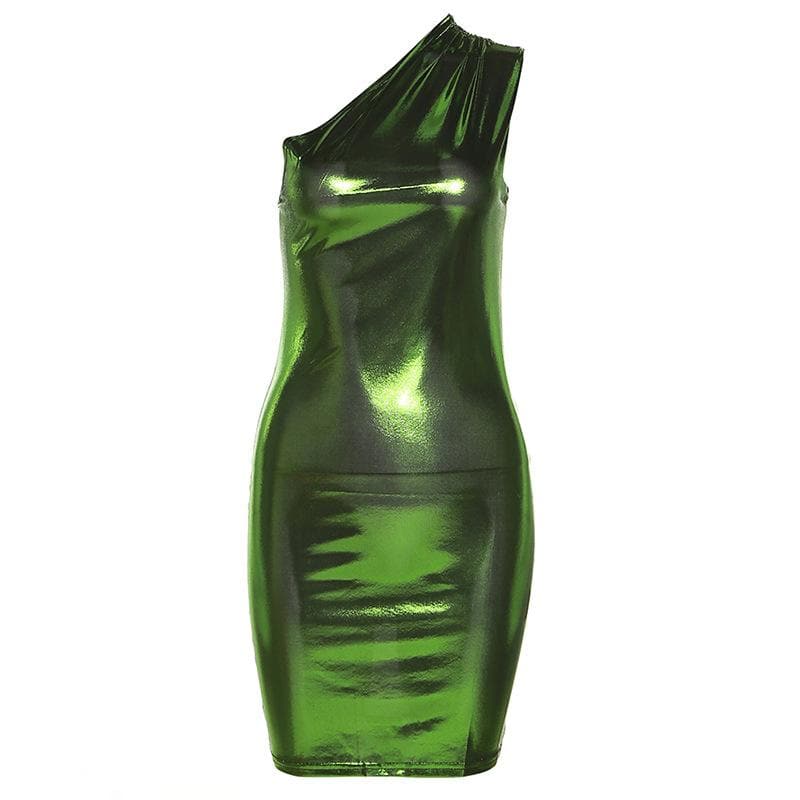 Metallic One-Shoulder Ruched Bodycon Mini Dress