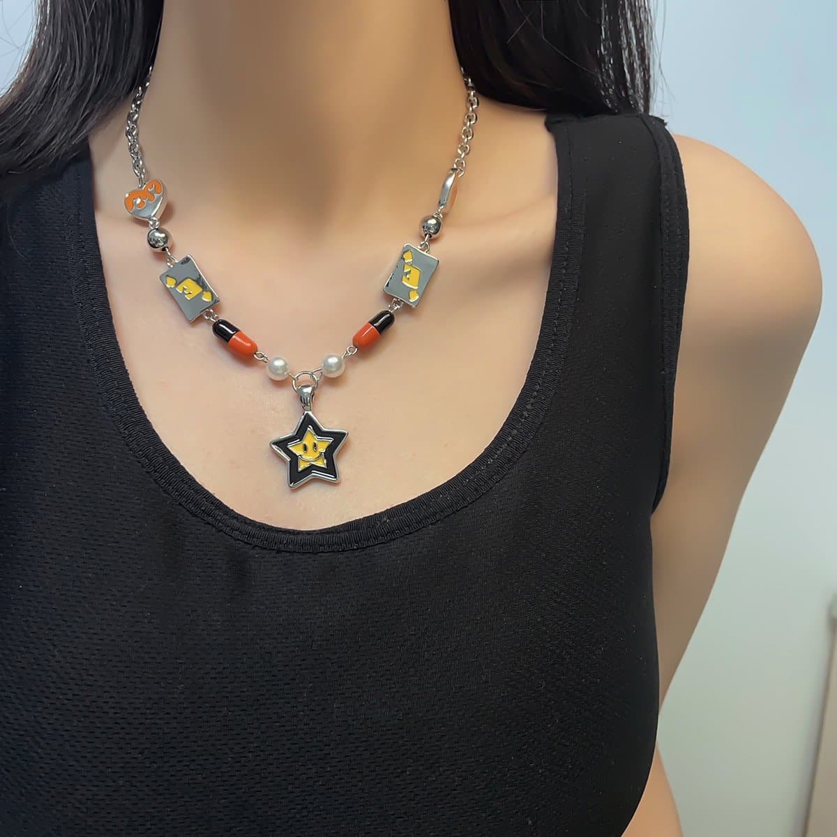 Star pendant chain faux pearl necklace