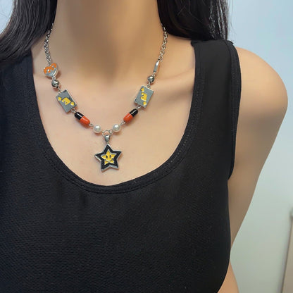 Star pendant chain faux pearl necklace