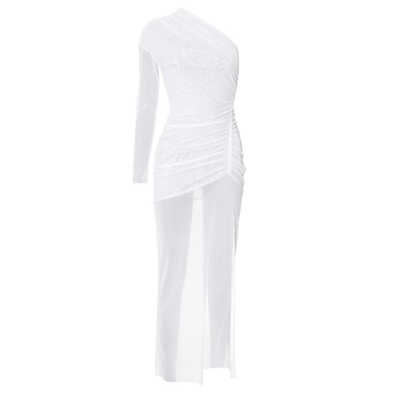 Long sleeve one shoulder ruched high slit maxi dress