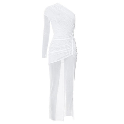 Long sleeve one shoulder ruched high slit maxi dress