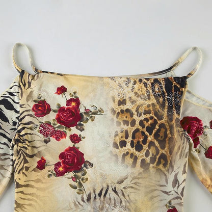 Long sleeve off shoulder irregular print cami top