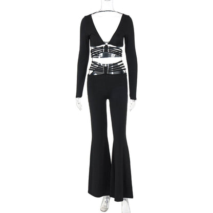 Long sleeve o ring button wide leg low rise pant set