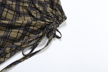 Plaid ruched drawstring mesh irregular midi skirt