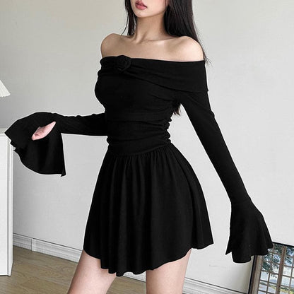 Flower applique off shoulder long flared sleeve slit mini dress