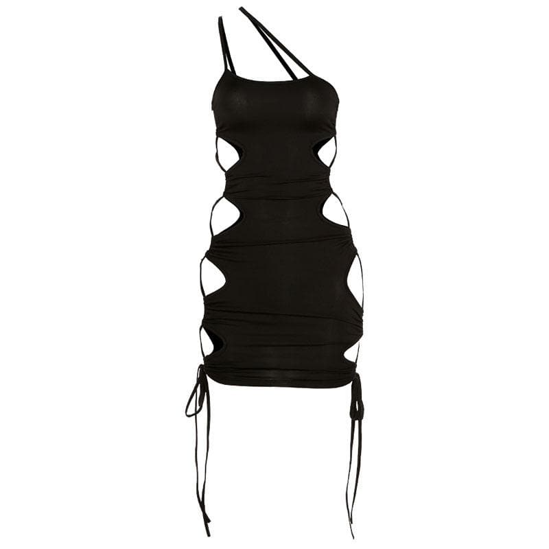 One Shoulder Asymmetric Strap Oval Side Cutout Lace Up Drawstring Mini Dress