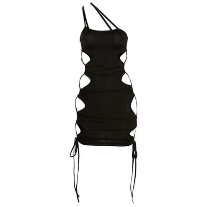 One Shoulder Asymmetric Strap Oval Side Cutout Lace Up Drawstring Mini Dress
