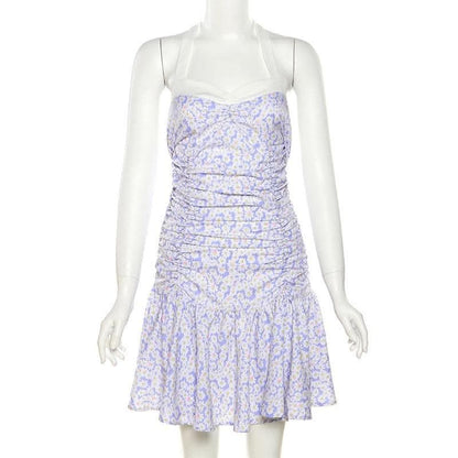 Flower print contrast ruched ruffle halter backless zip-up mini dress-final-sale