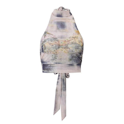 Tie dye beaded halter self tie backless contrast crop top
