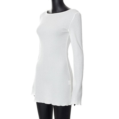 Boat Neck Long Sleeve Crinkled Texture Self Tie Backless Mini Dress