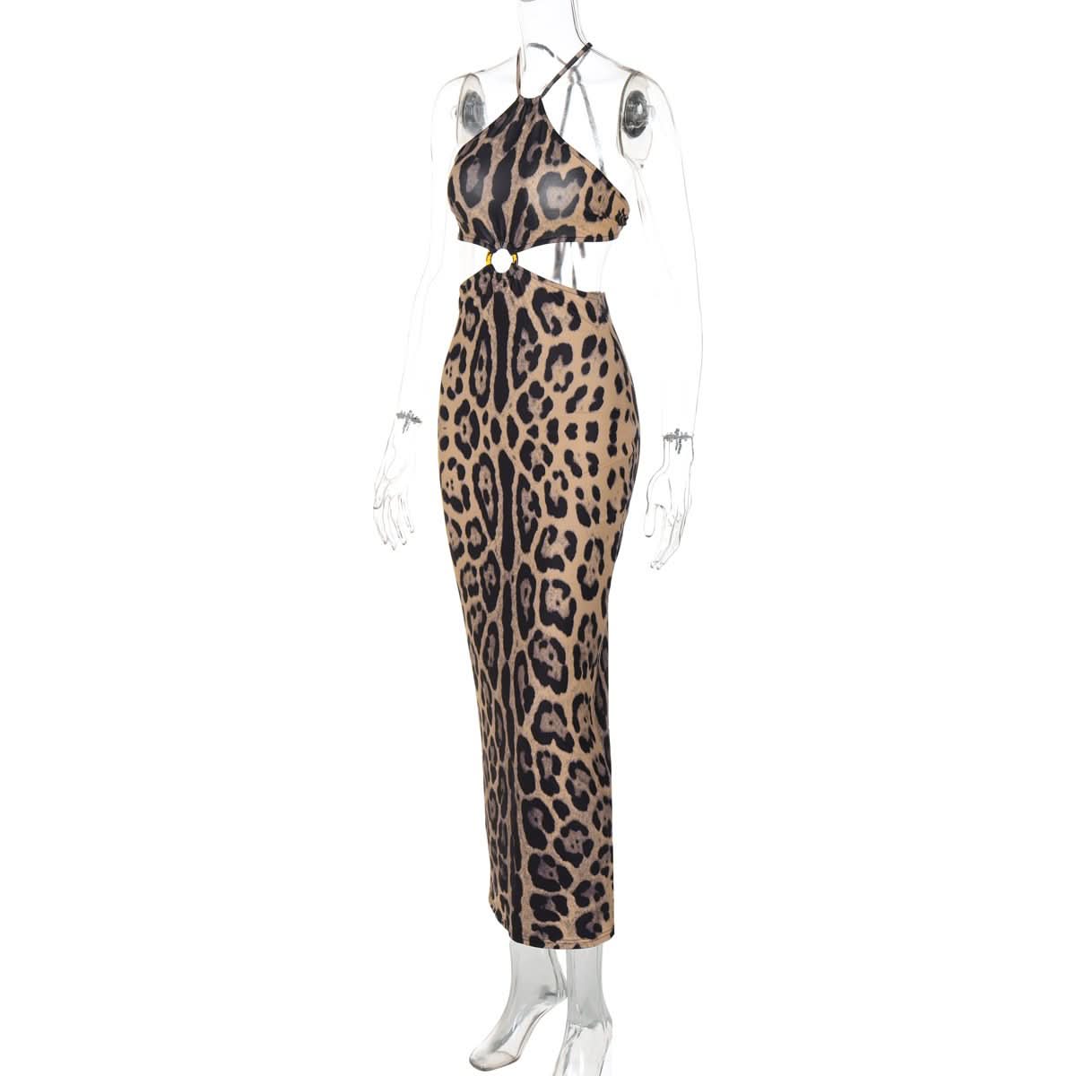Leopard print halter o ring backless maxi dress