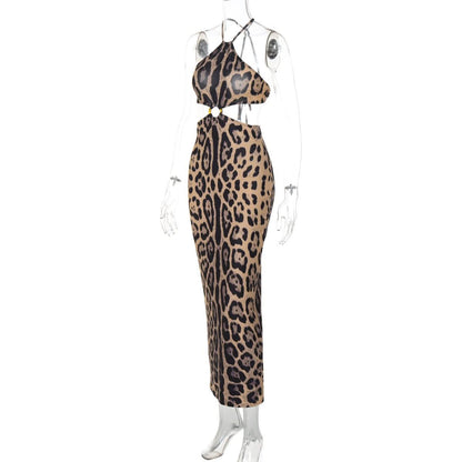 Leopard print halter o ring backless maxi dress