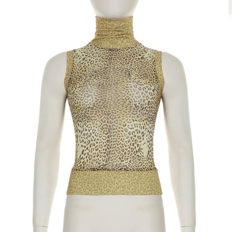 High neck leopard print mesh sleeveless top