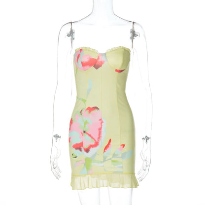 Flower print ruffle tube mini dress