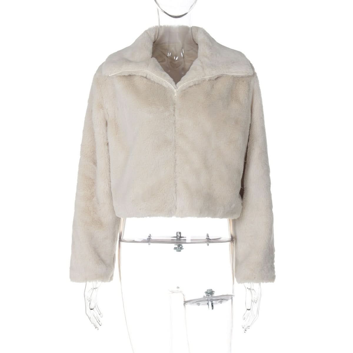 Turnover collar long sleeve fluffy zip-up top