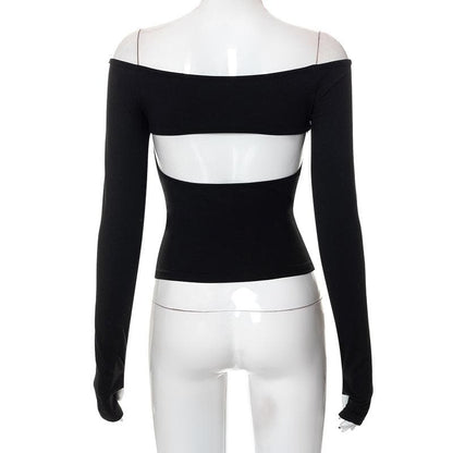 Gloves solid off shoulder hollow out long sleeve cut out top