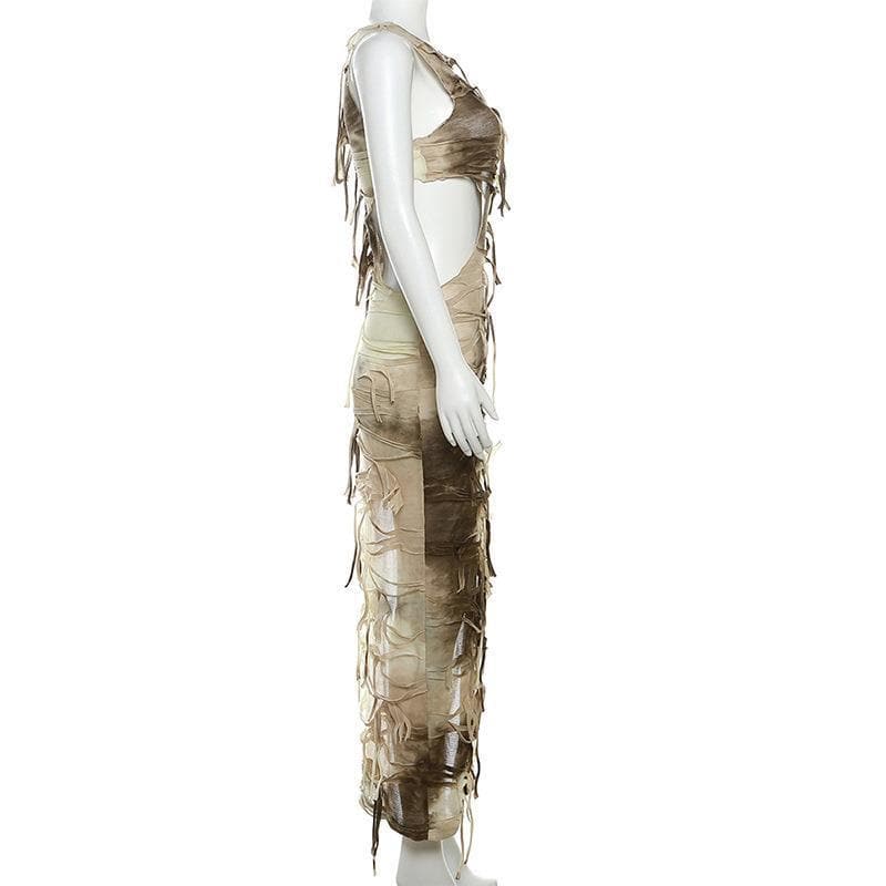 Tie Dye Shredded Side Cutout High Slit Sleeveless Maxi Dress