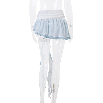 Irregular ruffle rose applique lace A line mini skirt