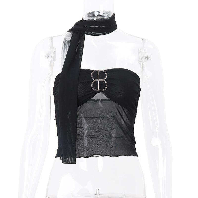 Sheer mesh backless buckle ruffle solid tube crop top