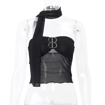 Sheer mesh backless buckle ruffle solid tube crop top
