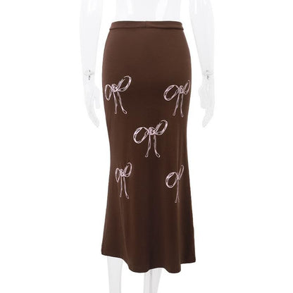 Drawstring ruched bowknot print contrast self tie midi skirt