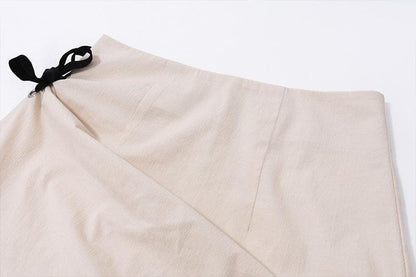 Bowknot ruched zip-up slit irregular contrast midi skirt