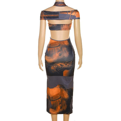Abstract Print Off-Shoulder Halter O-Ring Waist Cutout Midi Dress