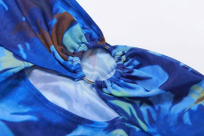 Mesh see through hollow out o ring contrast print ruffle cut out maxi dress-final-sale