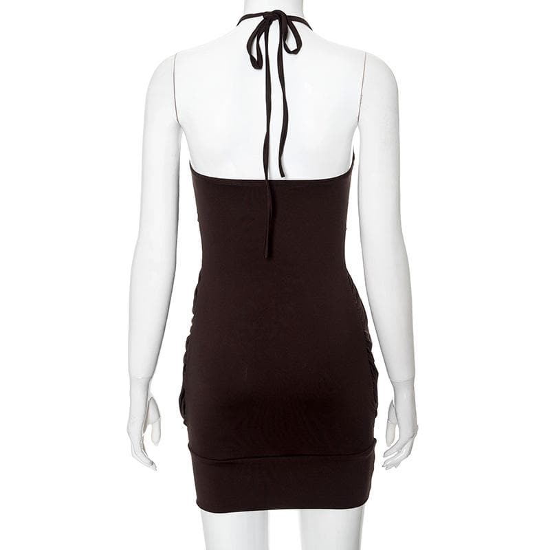 Halter backless ruched solid mini dress