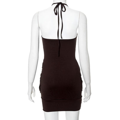 Halter backless ruched solid mini dress