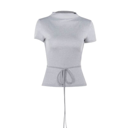 Short sleeve crewneck self tie backless top